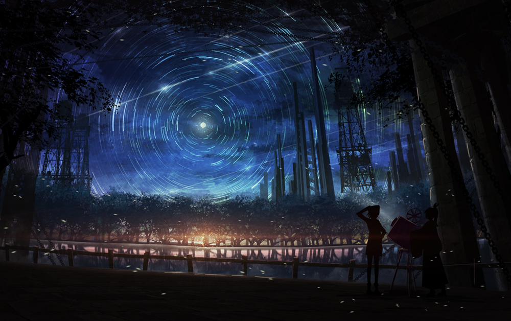 commentary_request fence forest multiple_girls nature night night_sky original outdoors ponytail scenery silhouette sky someya_mai standing star star_(sky) star_trail starry_sky tree