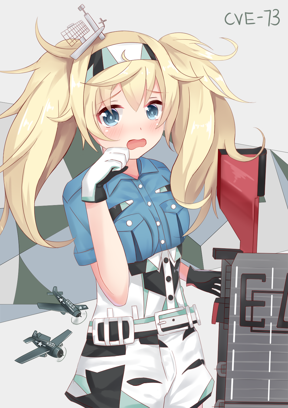aircraft airplane belt blonde_hair blue_eyes blue_shirt blush breast_pocket breasts commentary_request cuiseika flight_deck gambier_bay_(kantai_collection) gloves grey_background hair_between_eyes highres kantai_collection large_breasts long_hair open_mouth pocket shirt short_sleeves simple_background solo twintails upper_body