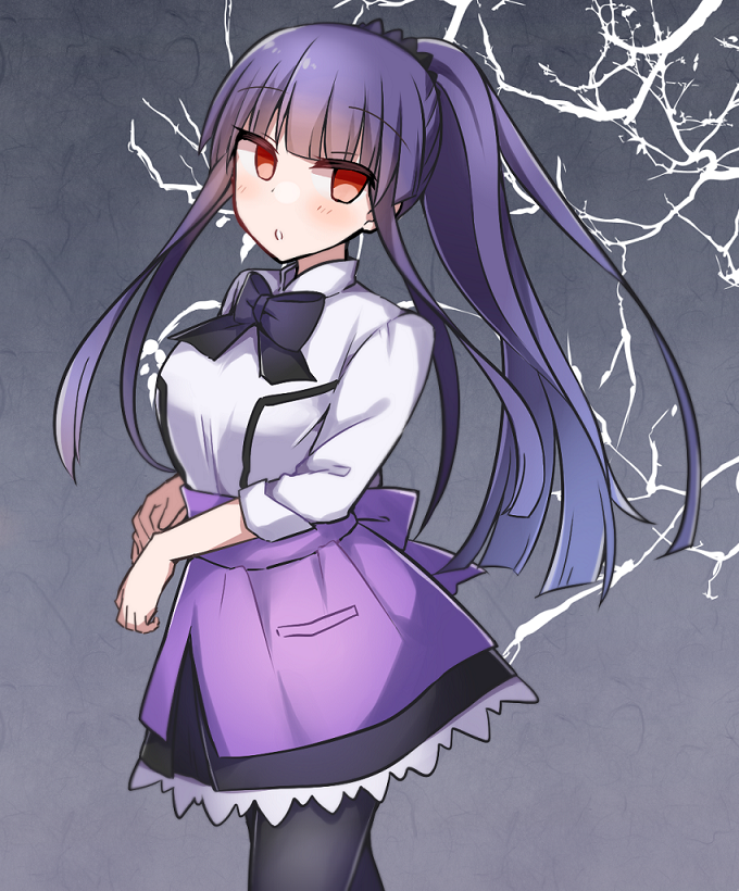 asagami_fujino black_bow black_legwear blush bow bowtie commentary_request cowboy_shot fate/grand_order fate_(series) kara_no_kyoukai long_hair long_sleeves looking_at_viewer no_pupils ohitashi_netsurou pantyhose ponytail purple_hair purple_skirt red_eyes shirt skirt solo white_shirt