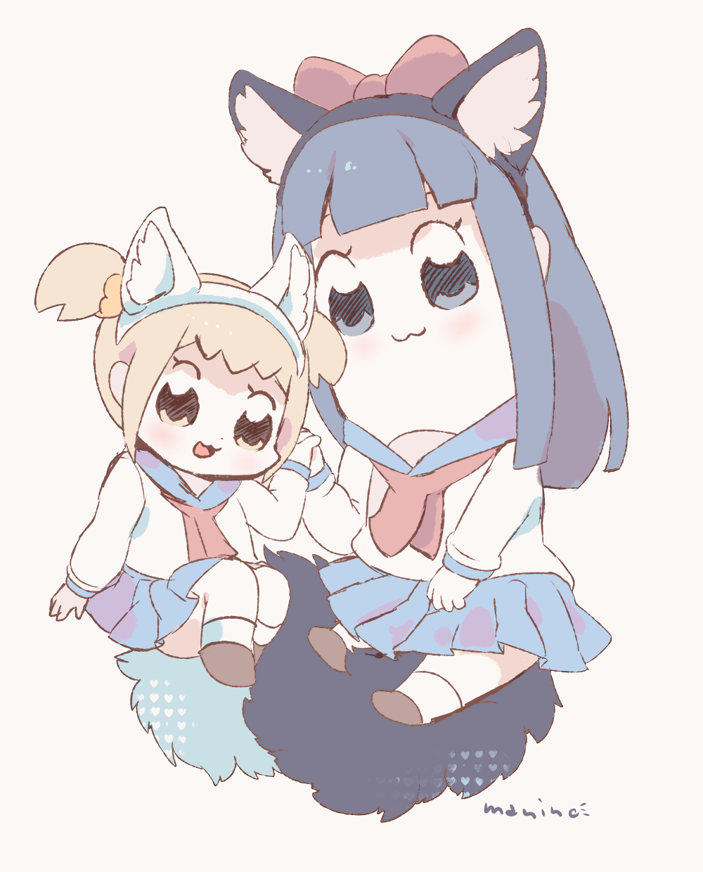 :3 :d animal_ears artist_name bangs blue_eyes blue_hair blue_sailor_collar blue_skirt blunt_bangs blush bow chibi closed_mouth commentary_request fake_animal_ears fake_tail grey_background hair_bow hair_ornament hair_scrunchie hairband highres holding_hand long_sleeves looking_at_viewer manino_(mofuritaionaka) multiple_girls neckerchief open_mouth orange_hair pipimi pleated_skirt poptepipic popuko red_bow red_neckwear sailor_collar scrunchie shirt signature simple_background skirt smile tail twintails white_shirt