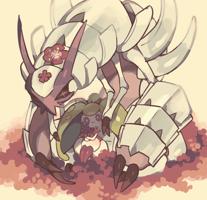 closed_eyes field flower flower_field gen_7_pokemon golisopod holding holding_flower looking_at_viewer maru_(umc_a) multiple_arms no_humans pink_eyes pokemon pokemon_(creature) red_flower shadow sitting smile steenee yellow_background
