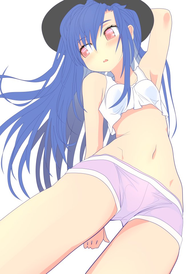 armpits blue_hair boyshorts breasts crop_top hand_behind_head hat hinanawi_tenshi ishikkoro looking_to_the_side midriff navel panties pink_panties red_eyes simple_background small_breasts touhou underwear white_background