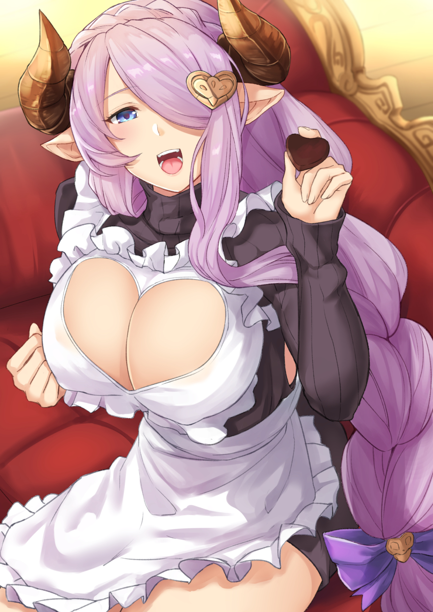 :d apron black_sweater blue_eyes bow braid breasts chocolate chocolate_heart cleavage cleavage_cutout commentary_request covered_nipples draph eyebrows_visible_through_hair frilled_apron frills granblue_fantasy hair_bow hair_ornament hair_over_one_eye hand_up heart heart_cutout heart_hair_ornament highres holding_chocolate horns indoors large_breasts long_hair looking_at_viewer narmaya_(granblue_fantasy) open_mouth pointy_ears purple_bow ribbed_sweater single_braid sitting smile solo sweater teeth terry_(pixiv3274443) turtleneck turtleneck_sweater very_long_hair white_apron wooden_floor