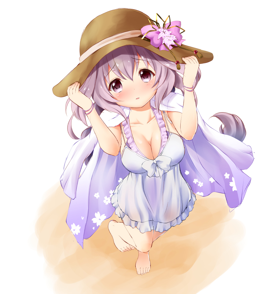 bare_legs barefoot bow breasts brown_hat chisato_(missing_park) cleavage collarbone dress flower flower_knight_girl from_above full_body hat hat_bow hat_flower hototogisu_(flower_knight_girl) jacket_on_shoulders large_breasts long_hair looking_at_viewer perspective pink_bow purple_eyes purple_hair raised_eyebrows simple_background solo standing standing_on_one_leg sun_hat white_background white_bow white_dress