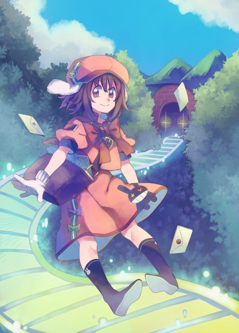alternate_costume anarogumaaa animal_ears bag bangs black_footwear blue_bow bow bowtie brown_eyes brown_hair bunny_ears closed_mouth cloud commentary_request day dress eyebrows_visible_through_hair floppy_ears full_body gloves green_bow hat inaba_tewi letter looking_at_viewer love_letter mailman mountain nature outdoors puffy_short_sleeves puffy_sleeves railroad_tracks red_eyes red_neckwear short_hair short_sleeves smile solo touhou tunnel white_gloves