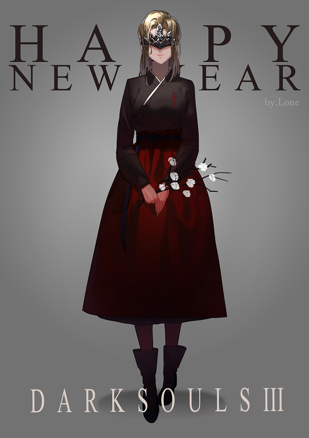 artist_name bad_id bad_pixiv_id black_footwear black_shirt blonde_hair closed_mouth commentary_request copyright_name dark_souls_iii english facing_viewer fire_keeper flower grey_background hanbok happy_new_year highres holding korean_clothes loncspace long_skirt long_sleeves mask new_year pantyhose red_legwear red_skirt shirt simple_background skirt solo souls_(from_software) standing traditional_clothes