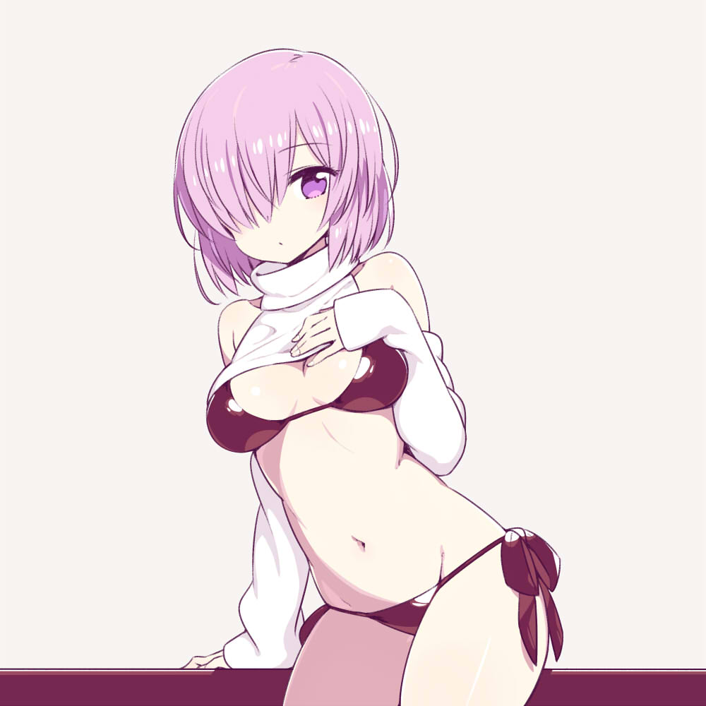 arm_support bikini black_bikini breasts chan_co cleavage detached_sleeves fate/grand_order fate_(series) hair_over_one_eye hand_on_own_chest large_breasts looking_at_viewer mash_kyrielight navel purple_eyes purple_hair short_hair side-tie_bikini simple_background solo swimsuit turtleneck