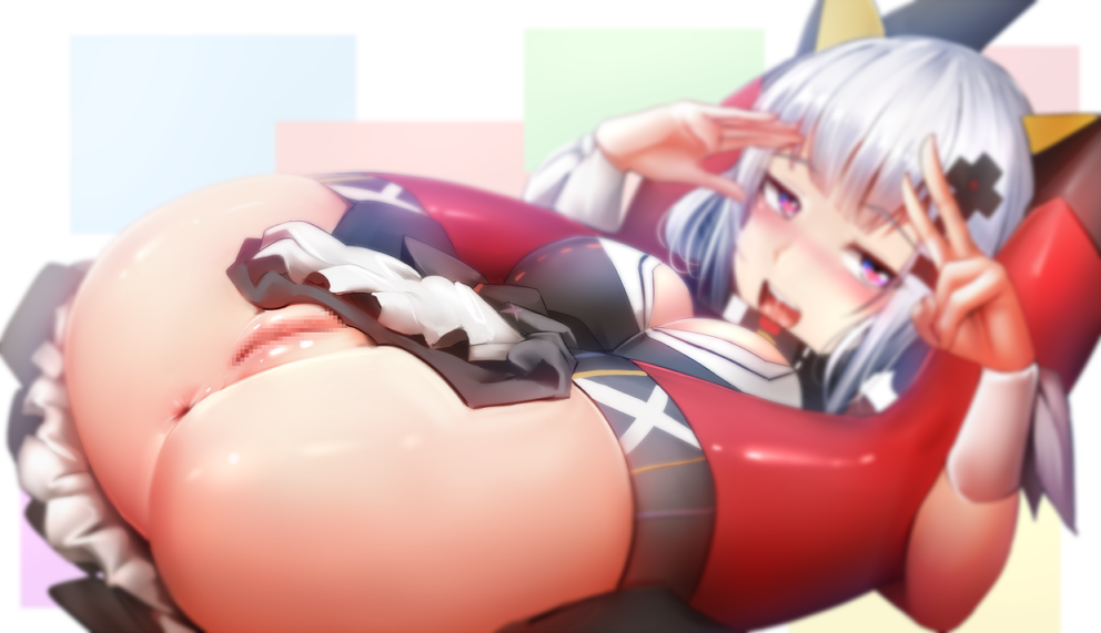 :d anus ass blue_eyes blurry blurry_background blush breasts censored depth_of_field eyebrows_visible_through_hair folded ginhaha heart heart-shaped_pupils kaguya_luna kaguya_luna_(character) legs_behind_head looking_at_viewer medium_breasts mosaic_censoring no_panties open_mouth pussy silver_hair smile solo symbol-shaped_pupils v virtual_youtuber