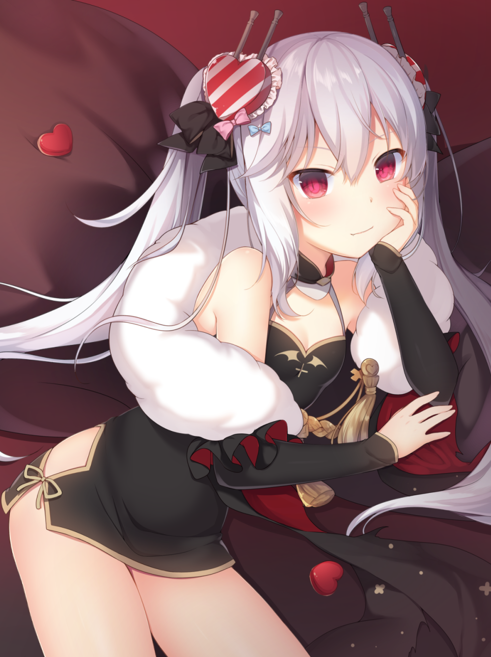 amashiro_natsuki arm_support azur_lane bad_id bad_pixiv_id bangs black_bow black_dress blue_bow bow breasts china_dress chinese_clothes closed_mouth commentary_request detached_sleeves dress fang fang_out fur_collar hair_between_eyes hair_bow hair_ornament heart heart_hair_ornament highres long_hair long_sleeves pink_bow red_eyes short_dress sidelocks silver_hair small_breasts smile solo twintails vampire_(azur_lane) very_long_hair