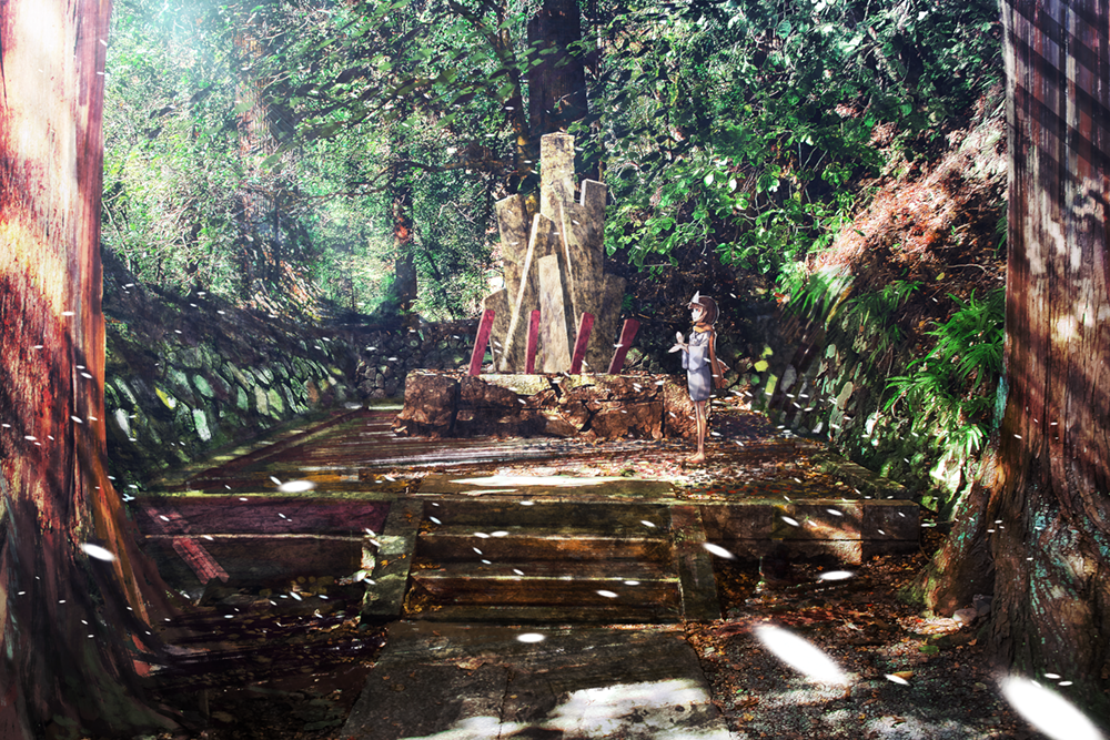 bad_id bad_pixiv_id brown_hair forest from_side long_sleeves nature original outdoors red_scarf scarf scenery short_hair shrine solo someya_mai stairs tree triangular_headpiece