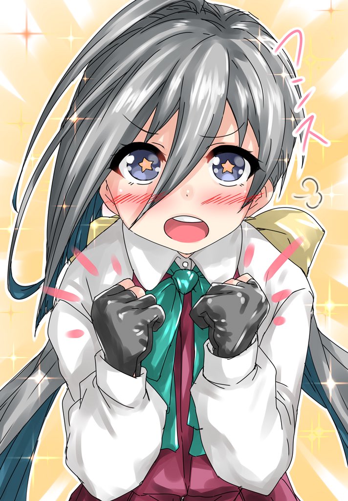 ahoge black_gloves blue_eyes commentary_request gloves grey_hair hair_between_eyes halterneck kantai_collection kiyoshimo_(kantai_collection) looking_at_viewer low_twintails nukoyarou open_mouth partly_fingerless_gloves shirt solo sparkle star star-shaped_pupils symbol-shaped_pupils twintails upper_body white_shirt yellow_background