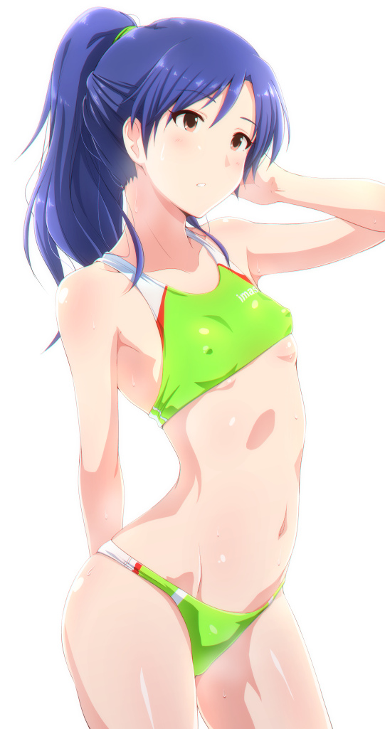 alternate_hairstyle arm_up bangs bare_shoulders blue_hair blush breasts brown_eyes buruma collarbone commentary_request covered_nipples eyebrows_visible_through_hair green_swimsuit hand_in_hair hips idolmaster idolmaster_(classic) idolmaster_1 kisaragi_chihaya long_hair midriff navel parted_lips ponytail shiny shiny_clothes shiny_hair shiny_skin simple_background small_breasts solo sports_bikini standing sweat swimsuit tengu_(tetuo_kun) thighs underboob white_background