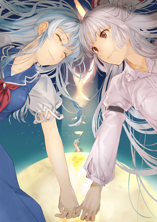 blue_dress blue_hair bow closed_eyes commentary_request dress facing_another fujiwara_no_mokou hair_bow holding_finger kamishirasawa_keine kayako_(tdxxxk) long_hair long_sleeves looking_at_another multiple_girls no_hat no_headwear red_eyes shirt short_sleeves smile touhou white_hair white_shirt