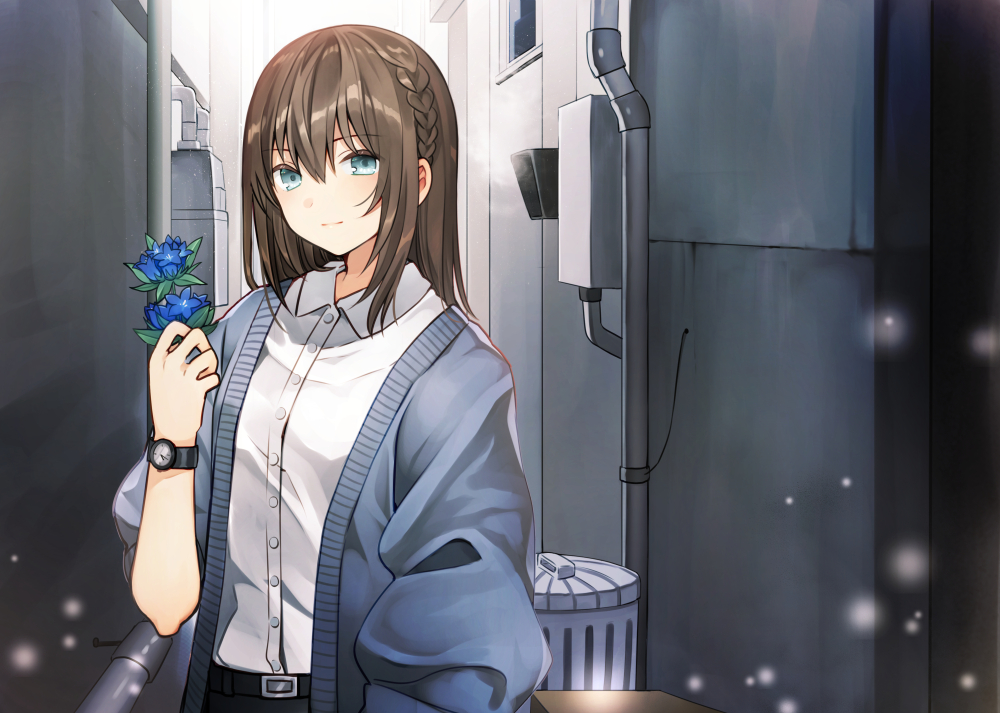 alley bangs belt belt_buckle black_belt blue_cardigan blue_eyes blue_flower blush braid brown_hair buckle cardigan closed_mouth collared_shirt commentary_request day dress_shirt eyebrows_visible_through_hair flower hair_between_eyes holding holding_flower kurata_rine long_hair long_sleeves looking_at_viewer open_cardigan open_clothes original outdoors puffy_long_sleeves puffy_sleeves shirt solo trash_can watch white_shirt wristwatch