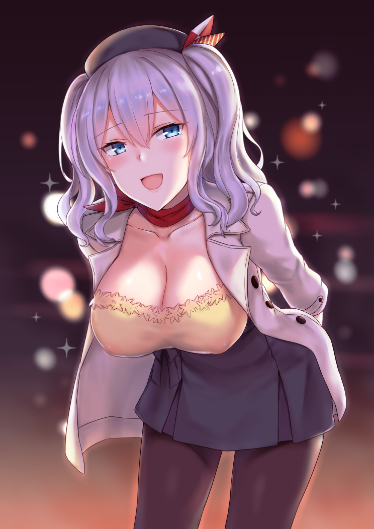 :d beret black_hat black_legwear black_skirt blue_eyes breasts buttons cai_geng collarbone hair_between_eyes hat jacket kantai_collection kashima_(kantai_collection) large_breasts long_hair long_sleeves open_mouth pantyhose silver_hair skirt smile solo two_side_up white_jacket