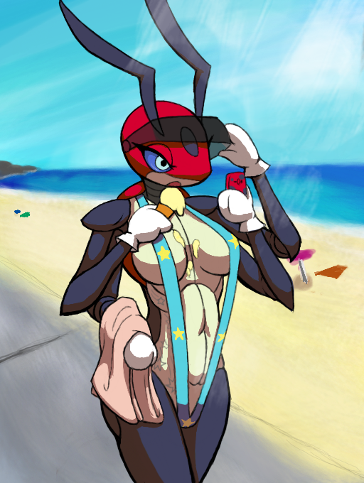 anthro arthropod beach bikini clothing dessert female food i-am-that-japanesse ice_cream insect ledian nintendo phone pok&eacute;mon pok&eacute;mon_(species) public seaside sling_bikini solo swimsuit video_games