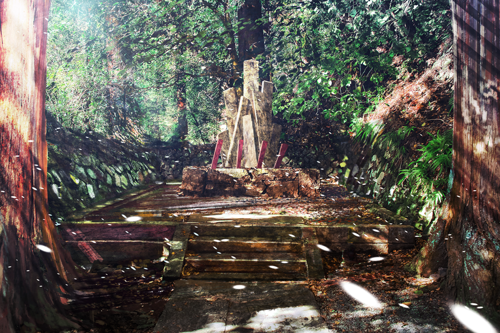 bad_pixiv_id forest light_particles light_rays nature no_humans original outdoors scenery shrine someya_mai stairs tree