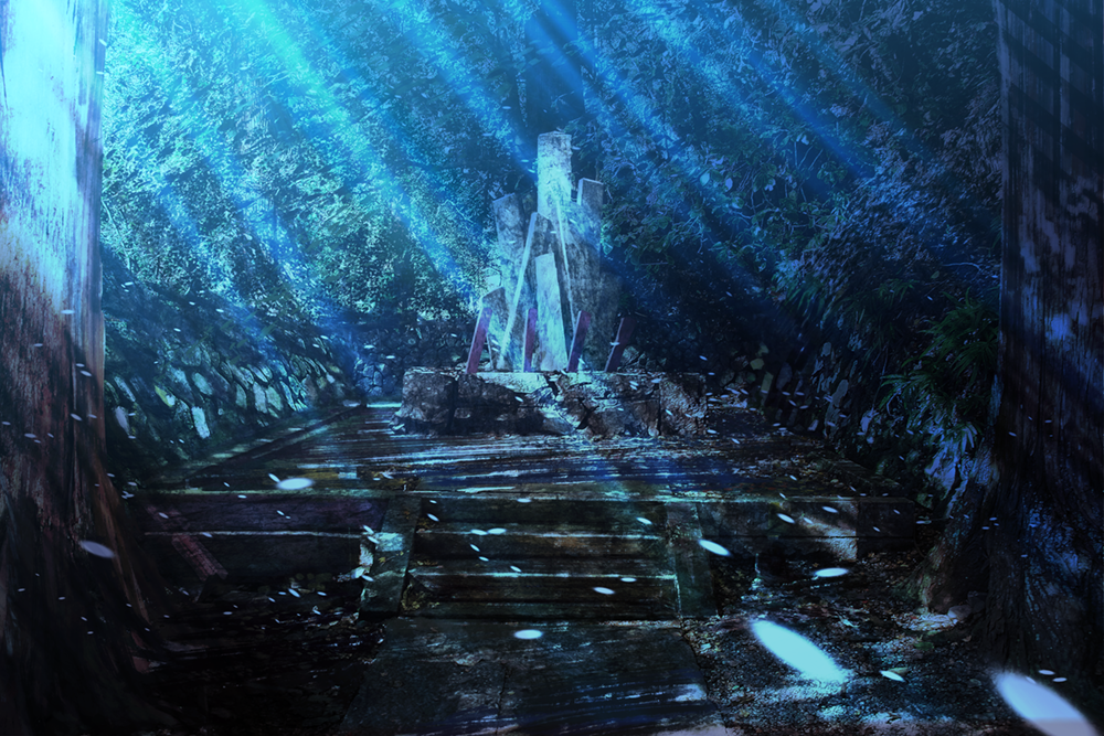 bad_pixiv_id forest light_particles light_rays nature night no_humans original outdoors scenery shrine someya_mai stairs tree