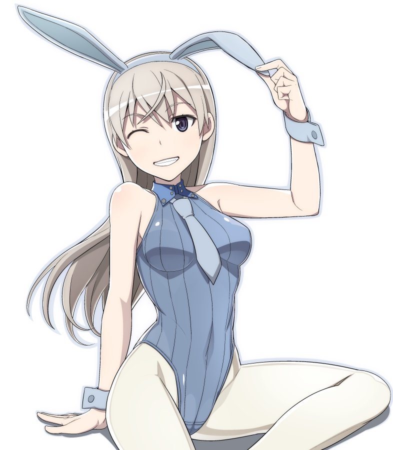 adapted_costume animal_ears blue_eyes blue_neckwear bunny_ears bunnysuit eila_ilmatar_juutilainen grey_leotard leotard long_hair looking_at_viewer nanashino necktie one_eye_closed pantyhose ribbed_leotard silver_hair simple_background sitting solo strike_witches white_background white_legwear world_witches_series wrist_cuffs