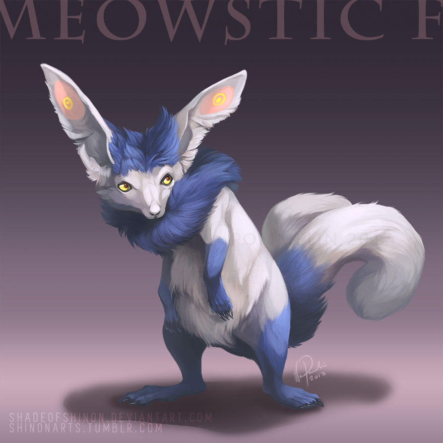 character_name claws full_body gen_6_pokemon gradient gradient_background grey_background leaning_forward looking_away meowstic no_humans pokemon pokemon_(creature) realistic shadeofshinon signature solo standing watermark web_address yellow_eyes