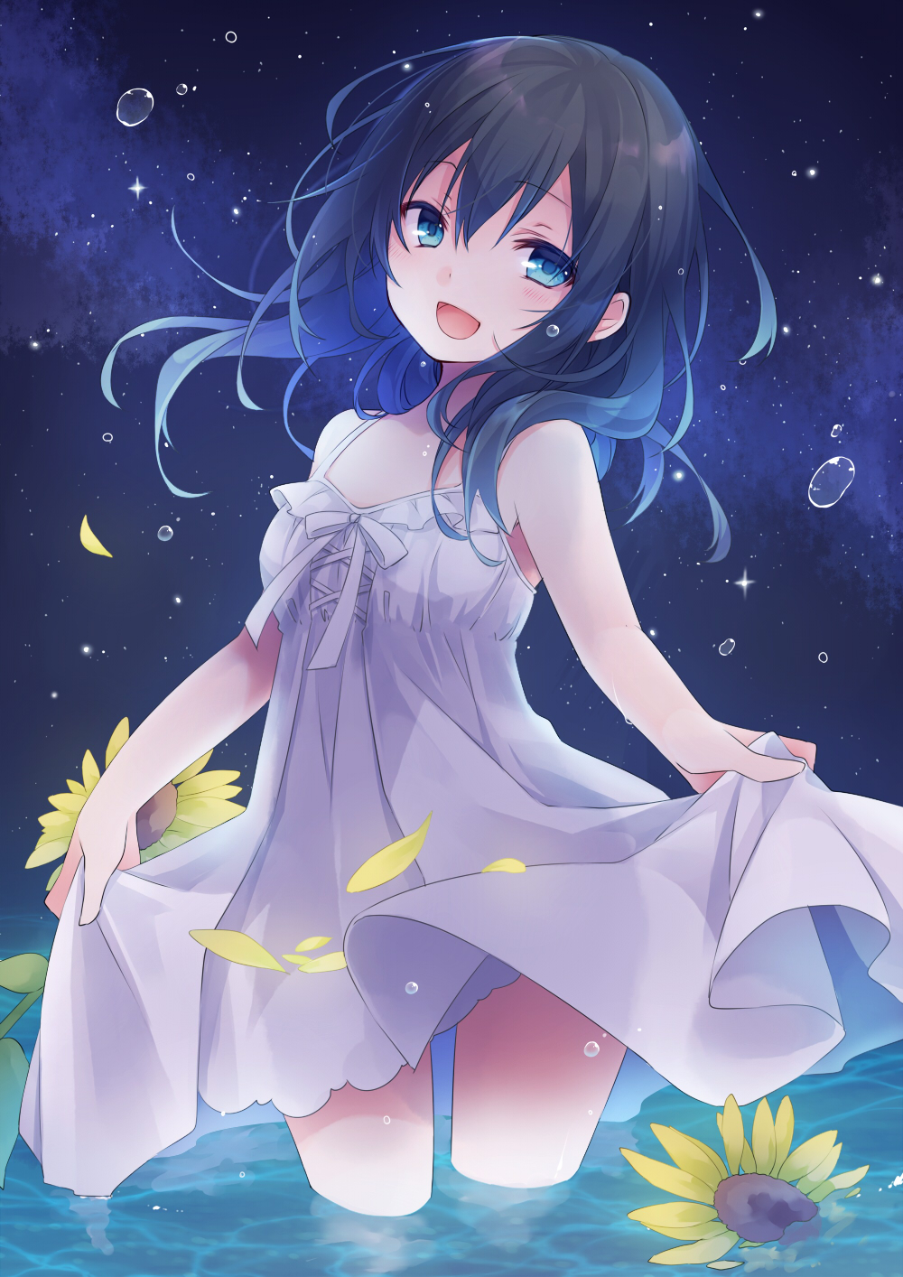 :d bangs bare_arms bare_shoulders black_hair blue_eyes blue_hair blush commentary_request dress eyebrows_visible_through_hair flower gradient_hair hair_between_eyes head_tilt highres kuroi_(liar-player) looking_at_viewer moe2018 multicolored_hair night night_sky open_mouth original skirt_hold sky sleeveless sleeveless_dress smile solo star_(sky) starry_sky sunflower wading water wet white_dress yellow_flower