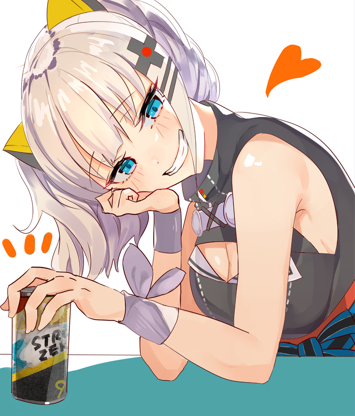 arm_support asyde blue_eyes breasts can cleavage_cutout commentary drink hair_ornament kaguya_luna kaguya_luna_(character) large_breasts looking_at_viewer silver_hair sleeveless smile smug solo strong_zero twintails virtual_youtuber