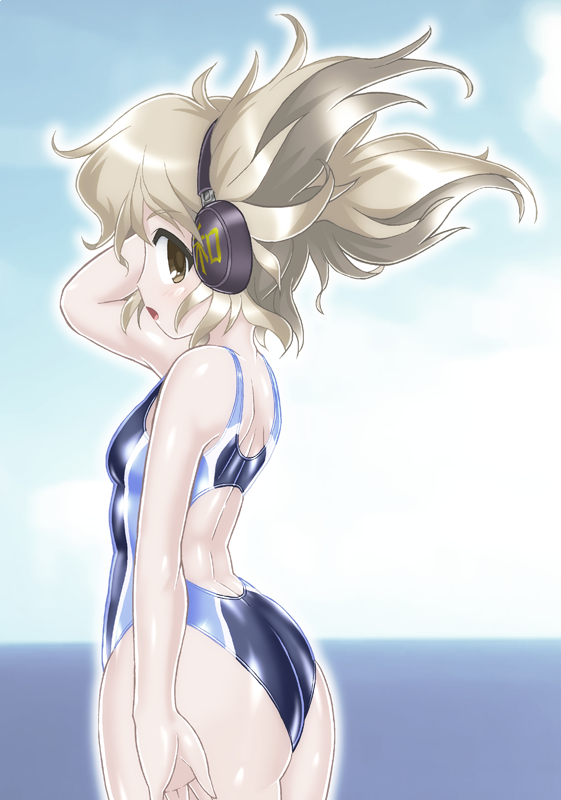 ass black_swimsuit brown_eyes commentary_request competition_swimsuit cowboy_shot earmuffs from_behind horizon ocean one-piece_swimsuit pointy_hair silver_hair solo standing swimsuit touhou toyosatomimi_no_miko winn