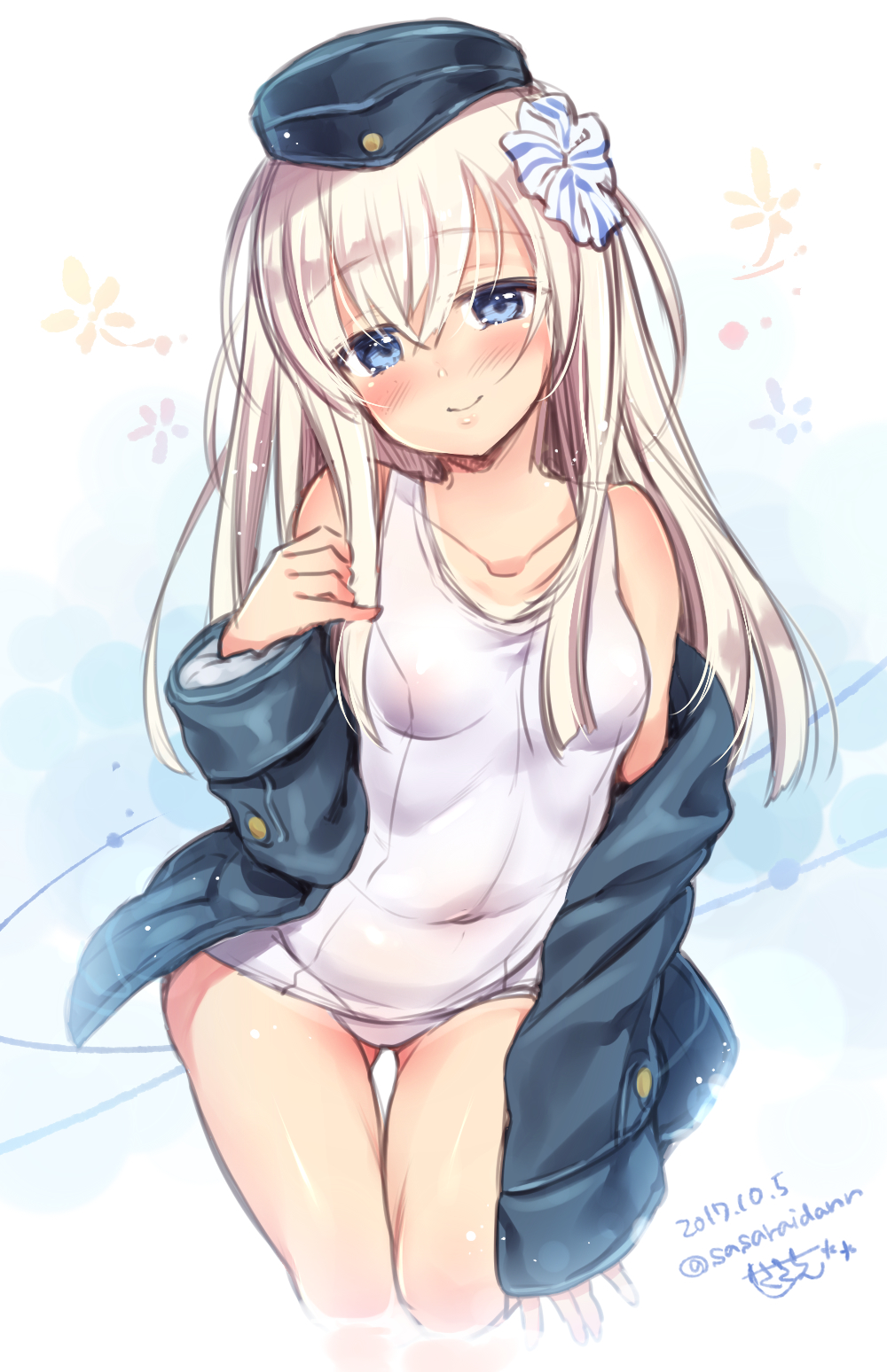 ass_visible_through_thighs black_jacket blonde_hair blue_eyes blush cowboy_shot dated garrison_cap hat highres jacket kantai_collection long_hair long_sleeves one-piece_swimsuit one-piece_tan puffy_long_sleeves puffy_sleeves sasachin_(k+w) school_swimsuit signature smile solo swimsuit swimsuit_under_clothes tan tanline thigh_gap twitter_username u-511_(kantai_collection) white_background white_school_swimsuit white_swimsuit