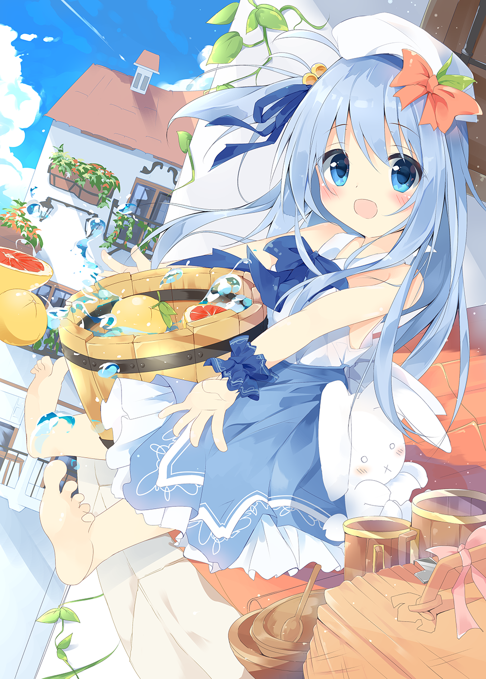 :d :x bangs barefoot beret blue_eyes blue_hair blue_ribbon blue_skirt blue_sky blush bow brown_bow bucket cloud commentary_request day dutch_angle eyebrows_visible_through_hair food fruit hair_between_eyes hair_bobbles hair_ornament hair_ribbon hat hat_bow highres house kushida_you leaf moe2018 on_roof one_side_up open_mouth original outdoors plant ribbon shirt sitting skirt sky sleeveless sleeveless_shirt smile soles solo stuffed_animal stuffed_bunny stuffed_toy vines water white_hat white_shirt window wooden_bucket wrist_cuffs