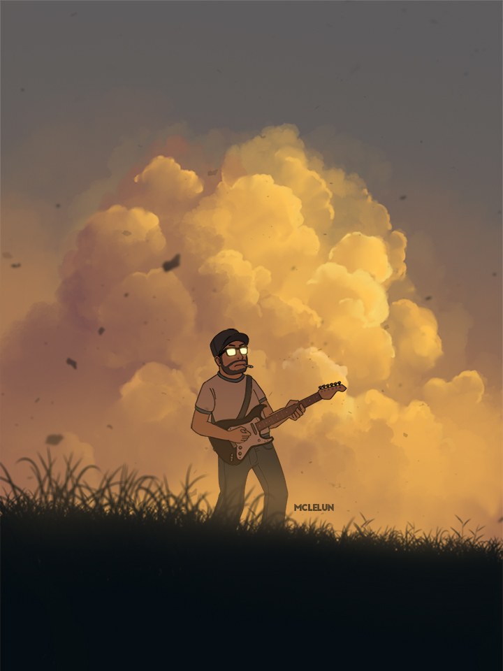 artist_name beard cigarette closed_mouth cloud cloudy_sky commentary facial_hair glasses grass guitar hat holding holding_instrument instrument leaf male_focus mclelun mouth_hold music opaque_glasses original outdoors pants playing_instrument shirt short_sleeves sky smoking solo sunset twilight white_shirt