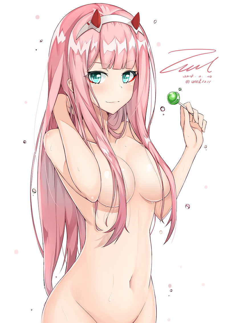 2018 breasts candy closed_mouth darling_in_the_franxx dated food green_eyes groin hair_censor hair_over_breasts horns long_hair looking_at_viewer medium_breasts navel nude pink_hair signature simple_background smile solo standing twitter_username unel white_background zero_two_(darling_in_the_franxx)