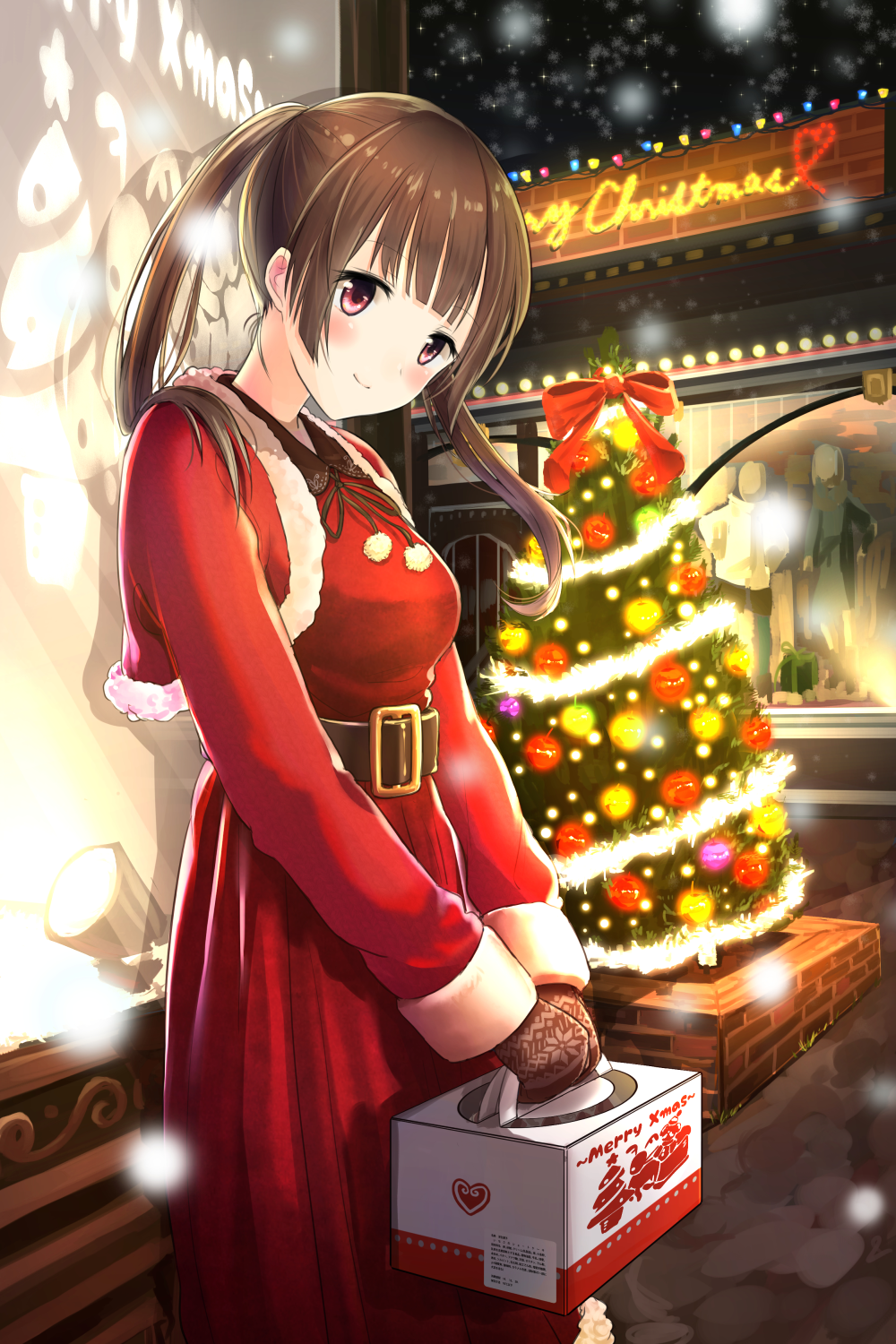 belt blush box breasts brown_eyes capelet christmas christmas_tree closed_mouth cona_kinaco dress eyebrows_visible_through_hair from_side fur_trim heart highres holding long_hair medium_breasts merry_christmas mittens night original outdoors pink_hair pom_pom_(clothes) red_dress smile snowing solo storefront twintails v_arms