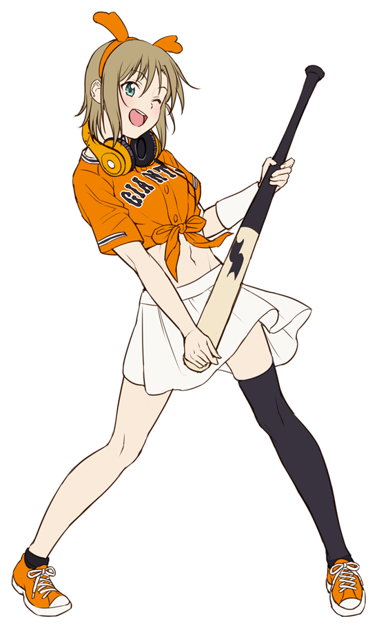 :d baseball_bat baseball_cap baseball_jersey black_legwear blue_eyes brown_hair full_body guitar hairband hat headphones headphones_around_neck idolmaster idolmaster_cinderella_girls instrument mismatched_legwear nigou nippon_professional_baseball one_eye_closed open_mouth orange_footwear orange_hairband orange_headphones short_hair simple_background single_thighhigh skirt smile solo tada_riina thighhighs unconventional_guitar white_background white_skirt yomiuri_giants