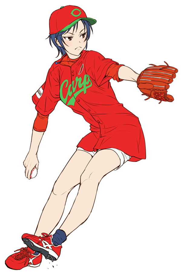 asics baseball baseball_cap baseball_jersey baseball_mitt black_hair blue_hair blue_legwear cleats frown full_body hat hiroshima_touyou_carp idolmaster idolmaster_cinderella_girls nigou nippon_professional_baseball pitching red_footwear red_shirt shirt short_hair short_sleeves shorts simple_background socks solo wakui_rumi white_background white_shorts