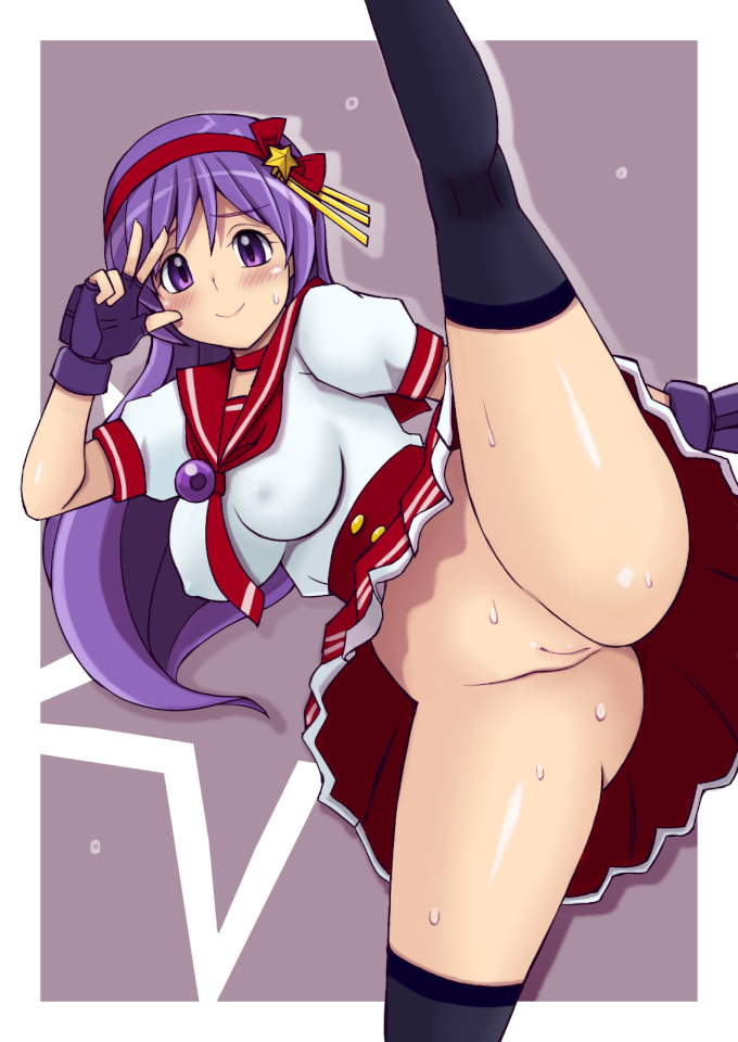 1girl asamiya_athena black_legwear blush border breasts choker cleft_of_venus erect_nipples eyebrows_visible_through_hair female fingerless_gloves gloves hair_ornament hand_up headband large_breasts long_hair looking_at_viewer matching_hair/eyes necktie no_panties outside_border pleated_skirt purple_background purple_eyes purple_gloves purple_hair pussy red_neckwear red_skirt shiny_skin shirt short_sleeves simple_background skirt smile snk solo split spread_legs standing standing_on_one_leg star sweat the_king_of_fighters thighhighs tsumitani_daisuke uncensored upskirt w white_border white_shirt