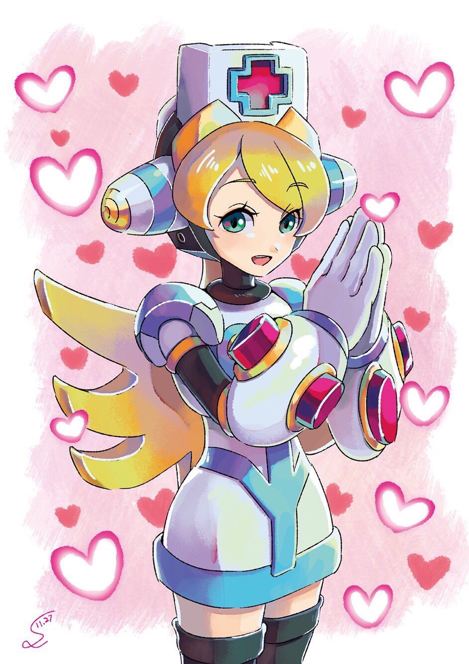 android blonde_hair blush capcom cinnamon cowboy_shot dated eyebrows_visible_through_hair green_eyes hands_together headgear heart highres long_hair looking_to_the_side nurse open_mouth own_hands_together rockman rockman_x rockman_x_command_mission signature smile solo standing sumomo thighhighs zettai_ryouiki