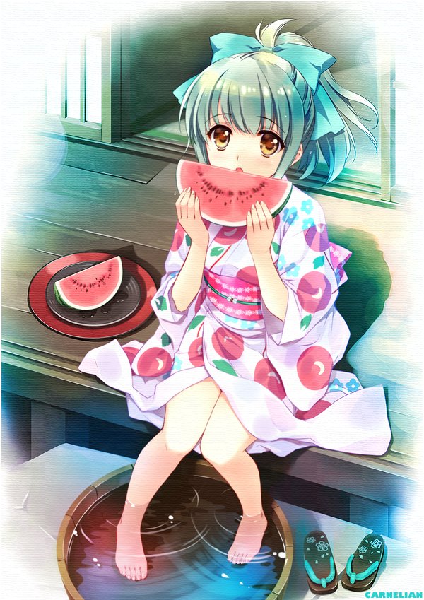 :o alternate_costume artist_name bangs barefoot bow brown_eyes carnelian commentary eating eyebrows_visible_through_hair food from_above fruit full_body green_bow green_hair hair_bow holding holding_food holding_fruit japanese_clothes kantai_collection kimono looking_at_viewer plate ponytail sandals soaking_feet solo summer wading watermelon yukata yuubari_(kantai_collection) zouri