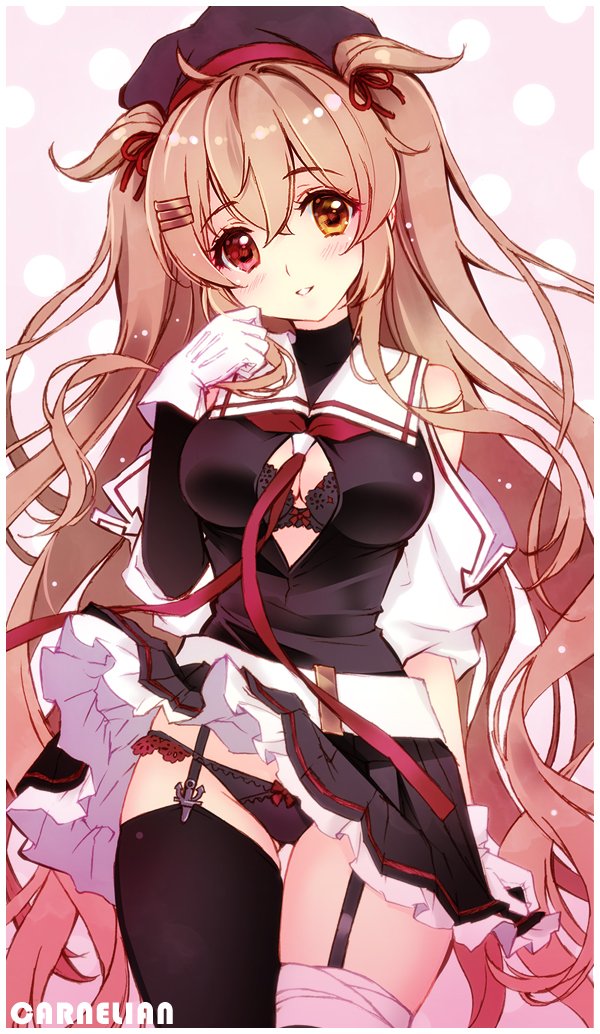 ahoge artist_name ass_visible_through_thighs asymmetrical_clothes asymmetrical_legwear bandages bare_shoulders belt beret black_bra black_hat black_legwear black_panties black_serafuku black_skirt blush border bra breasts carnelian cleavage commentary_request cowboy_shot frilled_skirt frills garter_straps gloves hair_flaps hair_ornament hairclip hand_on_own_cheek hat heterochromia kantai_collection light_brown_hair long_hair long_sleeves looking_at_viewer medium_breasts murasame_(kantai_collection) open_clothes open_shirt panties parted_lips pink_background pleated_skirt polka_dot polka_dot_background red_eyes remodel_(kantai_collection) school_uniform serafuku single_sleeve skindentation skirt solo thighhighs two_side_up underwear white_belt white_border white_gloves yellow_eyes