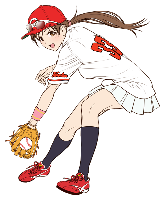 :d baseball baseball_cap baseball_jersey baseball_mitt black_legwear bracelet breasts brown_eyes brown_hair eyewear_on_headwear fielding full_body hat hiroshima_touyou_carp idolmaster idolmaster_cinderella_girls jewelry kneehighs long_hair looking_at_viewer low_ponytail medium_breasts nigou nippon_professional_baseball nitta_minami open_mouth pleated_skirt red_footwear shirt simple_background skirt smile solo sunglasses white_background white_shirt wristband