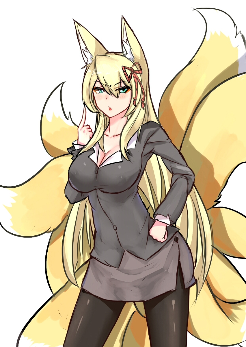 1girl animal_ears bangs blonde_hair bow breasts business_suit cowboy_shot fox_ears fox_tail green_eyes hair_between_eyes hair_bow hair_ornament hair_ribbon hand_on_hip highres large_breasts long_hair looking_at_viewer mon-musu_quest! multiple_tails older sidelocks slit_pupils solo spoilers tail tamamo_(mon-musu_quest!)
