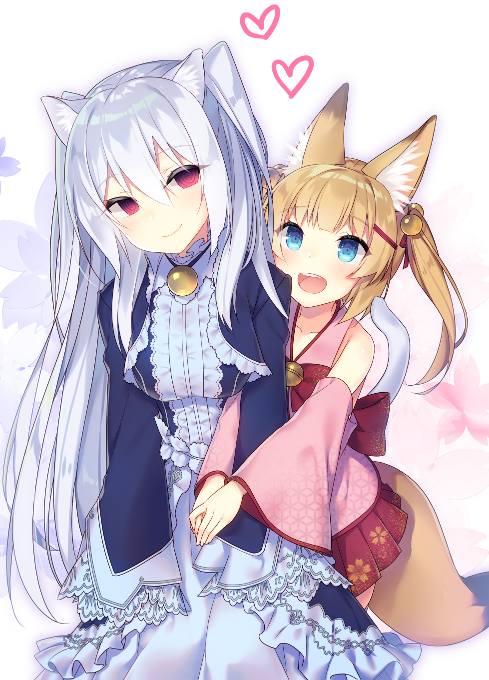 al_bhed_eyes animal_ear_fluff animal_ears arm_hug bare_shoulders black_dress blonde_hair blue_eyes blue_flower closed_mouth collarbone commentary_request crossover detached_sleeves dress floral_print flower fox_ears fox_girl fox_tail hair_bobbles hair_ornament hair_ribbon hairclip heart highres kemomimi_oukoku_kokuei_housou long_hair long_sleeves looking_at_another mikoko_(kemomimi_oukoku_kokuei_housou) multiple_girls nora_cat nora_cat_channel pink_flower pleated_skirt print_skirt red_eyes red_ribbon red_skirt ribbon silver_hair skirt sleeveless sleeves_past_fingers sleeves_past_wrists tahya tail twintails very_long_hair virtual_youtuber white_background wide_sleeves