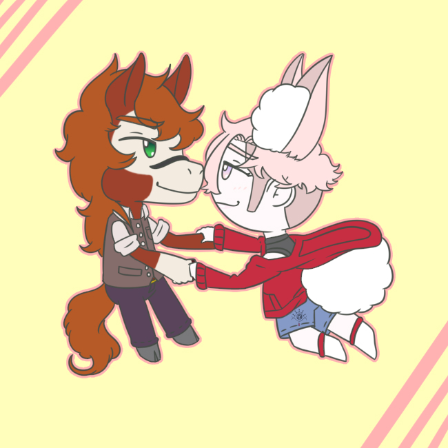 anthro black_fur brown_fur brown_hair chibi clothed clothing equine fur green_eyes hair hand_holding hoodie horse lagomorph lucien_fluff mammal pink_eyes pink_hair rabbit the_lusty_stallion vyktor_dreygo white_fur