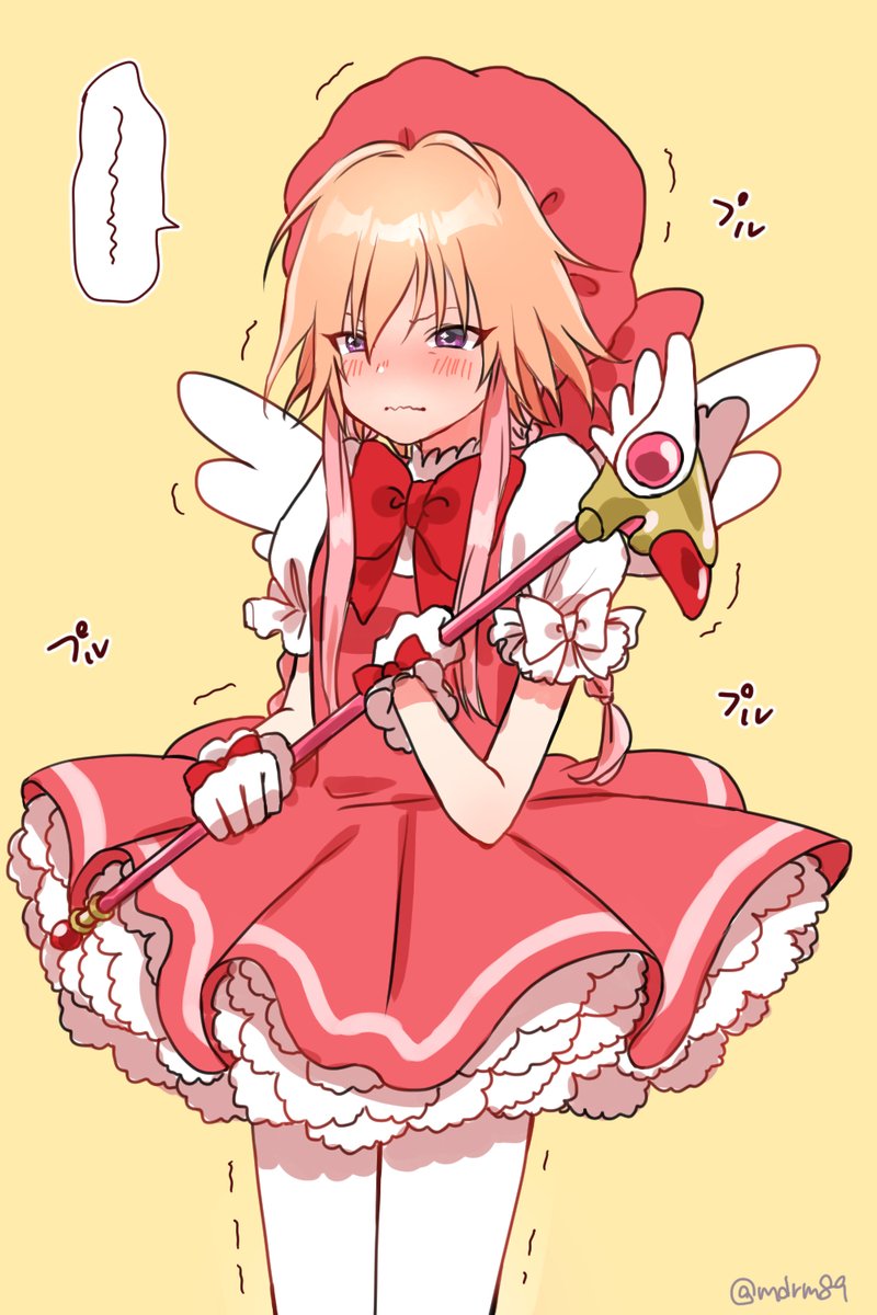 1girl alternate_costume artist_request blush bow card_captor_sakura cosplay cowboy_shot dress embarrassed fuuin_no_tsue gloves hat highres idolmaster idolmaster_cinderella_girls image_sample kinomoto_sakura kinomoto_sakura_(cosplay) magical_girl ninomiya_asuka pink_hat red_bow short_hair solo twitter_sample wand wavy_mouth white_gloves white_legwear wings