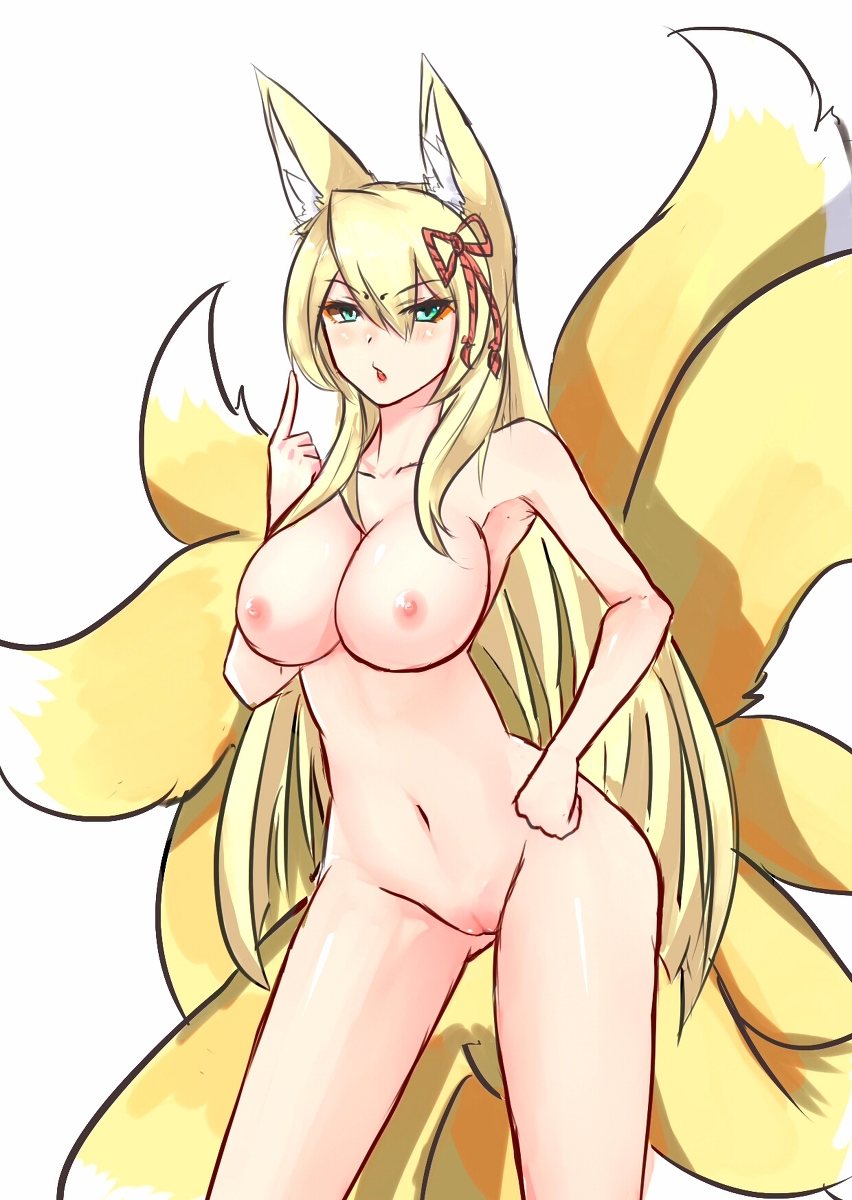 1girl animal_ears bangs blonde_hair bow breasts cowboy_shot fox_ears fox_tail green_eyes hair_between_eyes hair_bow hair_ornament hair_ribbon hand_on_hip highres large_breasts long_hair looking_at_viewer mon-musu_quest! multiple_tails nipple nude older pussy sidelocks slit_pupils solo spoilers tail tamamo_(mon-musu_quest!)
