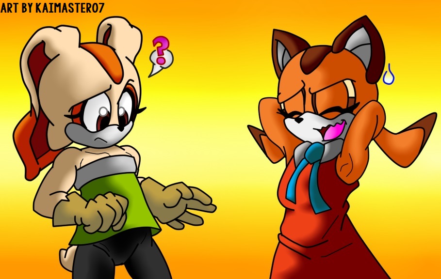 clothed clothes_swap clothing cream_the_rabbit female fully_clothed lagomorph mammal marine_the_raccoon procyonid rabbit raccoon sonic_(series) sweat sweatdrop thekaimaster07 tube_top