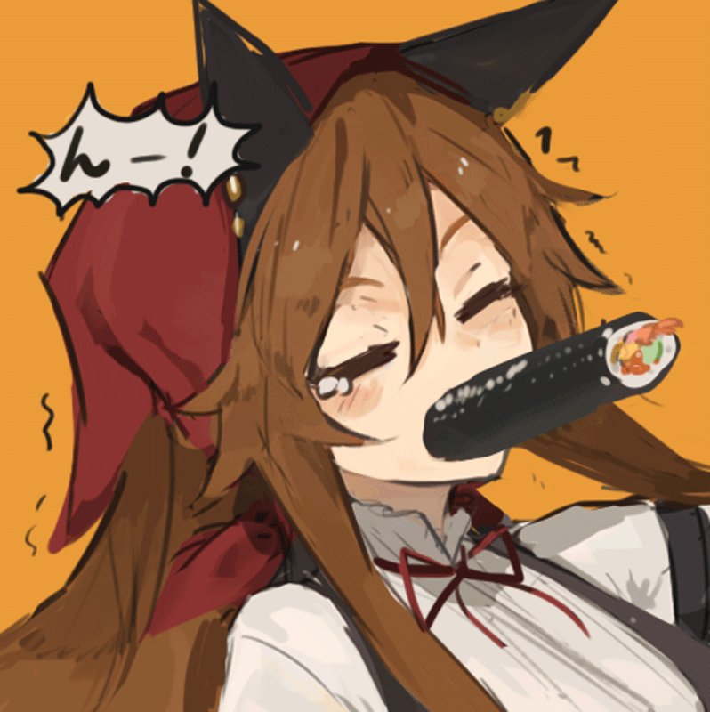 animal_ears blush brown_hair closed_eyes commentary_request food food_request head_scarf lansane long_hair mouth_hold neck_ribbon orange_background original red_neckwear red_ribbon ribbon sexually_suggestive shirt simple_background sushi tears trembling tsana_(lansane) vest white_shirt wolf_ears