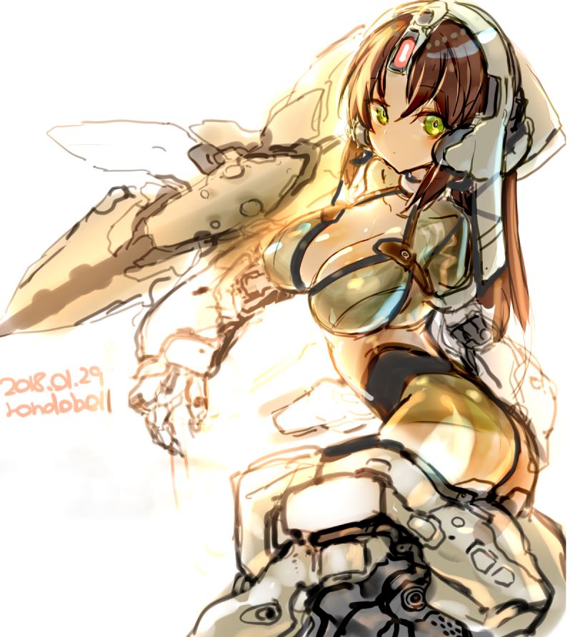 alice_gear_aegis ass bangs breasts brown_hair cleavage closed_mouth dated expressionless eyebrows_visible_through_hair green_eyes headphones kaneshiya_sitara large_breasts leotard long_hair looking_at_viewer mecha_musume parted_bangs rondo_bell sketch solo thighs