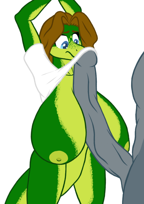 alpha_channel anthro areola big_breasts big_penis blue_eyes breasts brown_hair female green_skin hair huge_breasts huge_penis lizard male male/female nipples nude penis reptile samantha_brooks sarcolopter scalie simple_background transparent_background