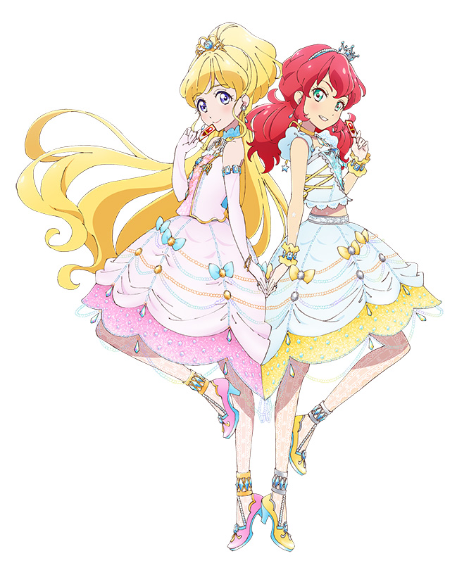 aikatsu!_(series) aikatsu_friends! aqua_eyes asuka_mirai_(aikatsu_friends!) back-to-back blonde_hair blue_bow blue_dress bow card choker closed_mouth crown cuffs dress earrings elbow_gloves gloves hairband hands_together high_heels jewelry kamishiro_karen lace long_hair looking_at_viewer midriff multiple_girls official_art pink_dress pink_footwear ponytail purple_eyes red_hair see-through smile tiara twintails wrist_cuffs yellow_bow yellow_footwear