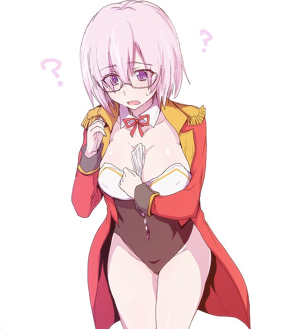 ? between_breasts breasts commentary_request epaulettes fate/grand_order fate_(series) higata_akatsuki jacket leotard mash_kyrielight open_clothes open_jacket open_mouth pink_hair purple_eyes red_jacket short_hair simple_background solo sweatdrop white_background